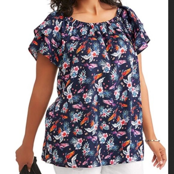 Terra & Sky navy floral print flutter sleeve peasant top,Plus size 2X(20W-22W) - Picture 3 of 7